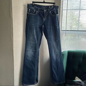 SOLD Miss Me Dark Wash Distressed Easy Boot Mixed Hardware Stretch Jean